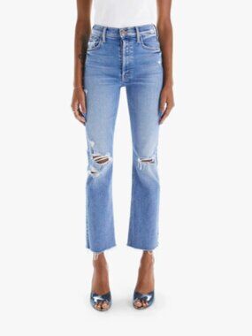 MOTHER Light Blue Straight Leg Distressed Jeans
